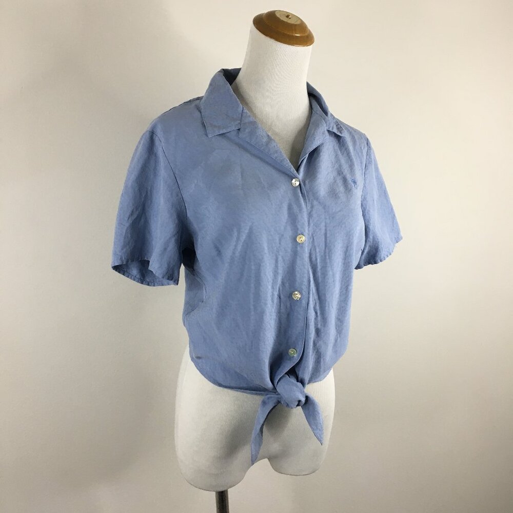 TOMMY BAHAMA Short Sleeve Blue Textured 100% Silk Tie Hem Button Shirt